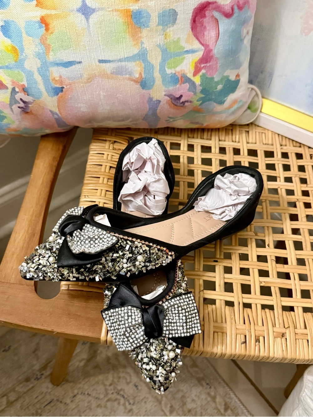 OXCQDYXT Black Bow Pearl Jewel Flats | Fits Like Women’s 10